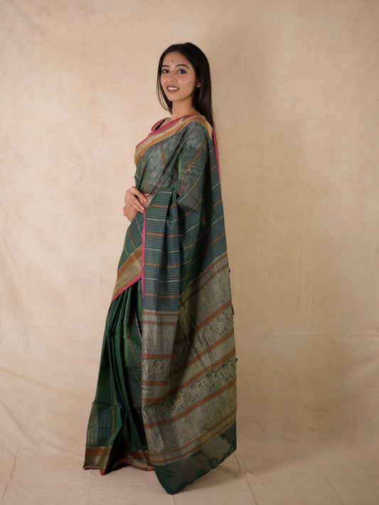 HANDWOVEN GREEN COLOUR KANCHI COTTON SAREE WITH 70 CM BLOUSE PIECE