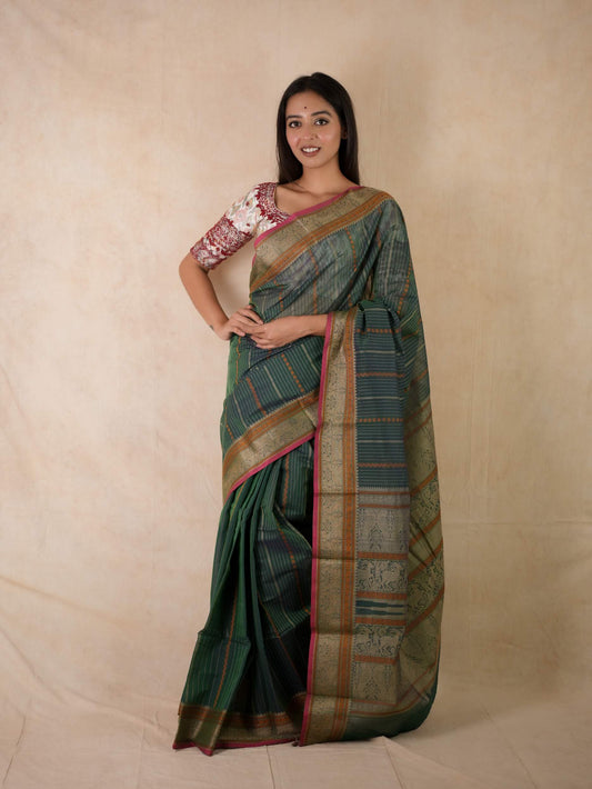 HANDWOVEN GREEN COLOUR KANCHI COTTON SAREE WITH 70 CM BLOUSE PIECE