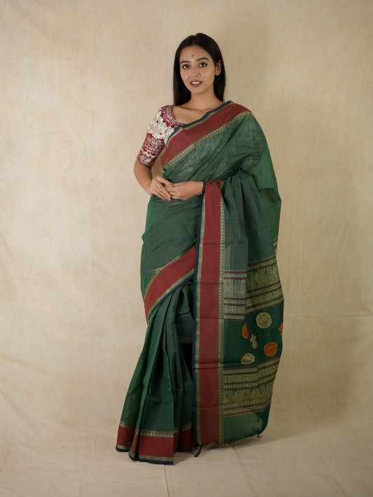 HANDWOVEN GREEN COLOUR KANCHI COTTON SAREE WITH 72 CM BLOUSE PIECE