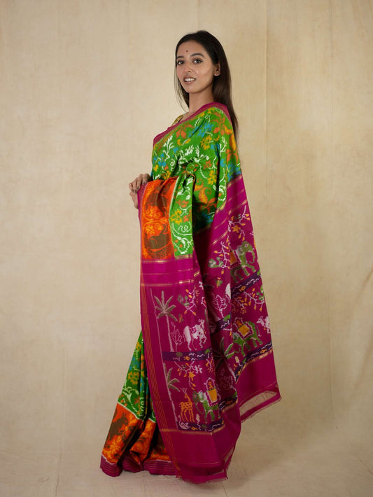 HANDWOVEN GREEN COLOUR POCHAMPALLY SILK SAREE WITH 1M BLOUSE PIECE