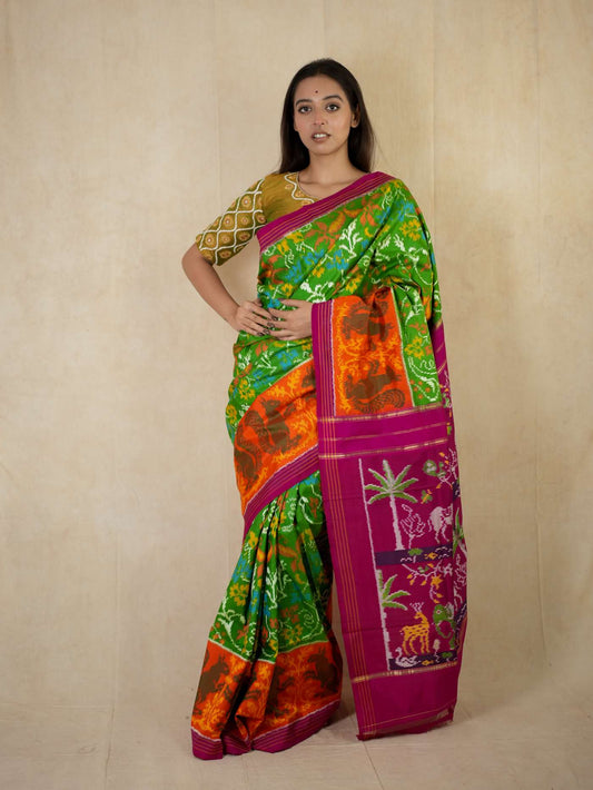 HANDWOVEN GREEN COLOUR POCHAMPALLY SILK SAREE WITH 1M BLOUSE PIECE
