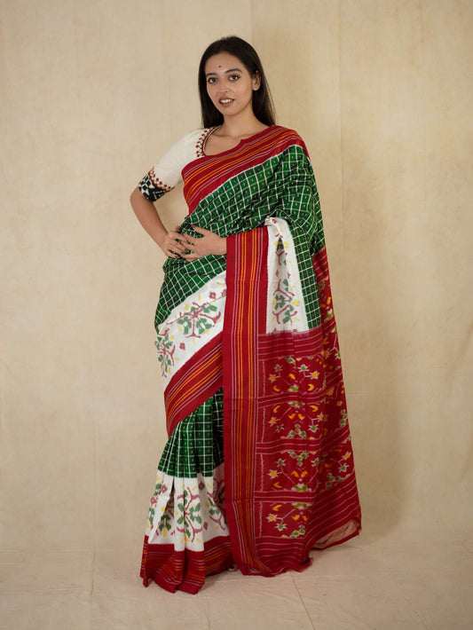 HANDWOVEN GREEN COLOUR POCHAMPALLY SILK SAREE WITH 81 CM BLOUSE PIECE