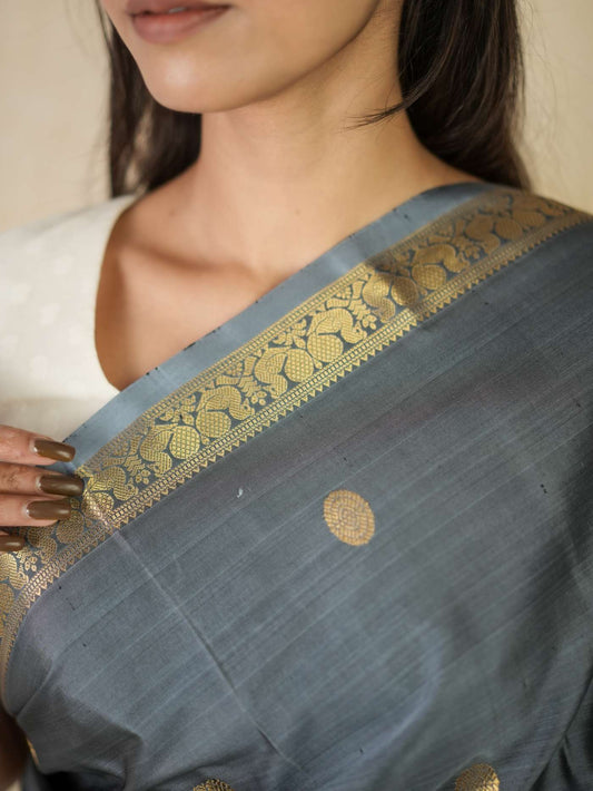 GREY COLOUR KANJEEVARAM SILK SAREE WITH 78 CM BLOUSE PIECE