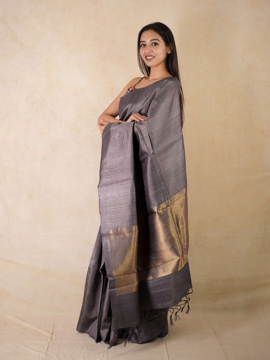 HANDWOVEN GREY COLOUR KOSA SILK SAREE WITH 84 CM BLOUSE PIECE