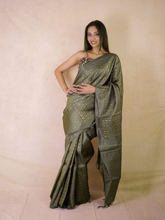 HANDWOVEN GREY COLOUR KOSA SILK SAREE WITH 88 CM BLOUSE PIECE