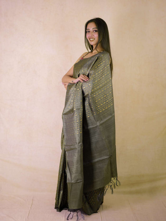 HANDWOVEN GREY COLOUR KOSA SILK SAREE WITH 88 CM BLOUSE PIECE