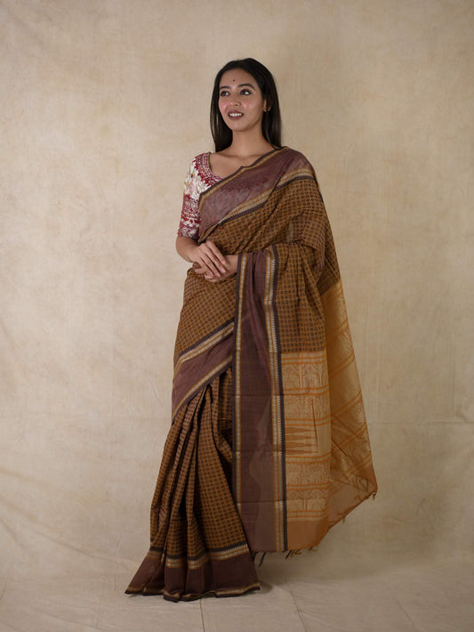 HANDWOVEN LIGHT BROWN COLOUR KANCHI COTTON SAREE WITH 61 CM BLOUSE PIECE