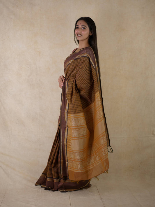 HANDWOVEN LIGHT BROWN COLOUR KANCHI COTTON SAREE WITH 61 CM BLOUSE PIECE