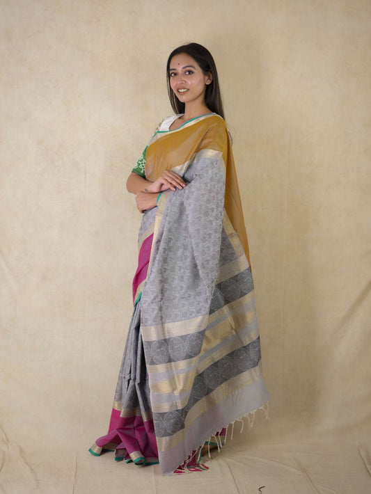 HANDWOVEN LIGHT GREY KANCHIPURAM SILK BY COTTON SAREE WITH 88 CM BLOUSE PIECE