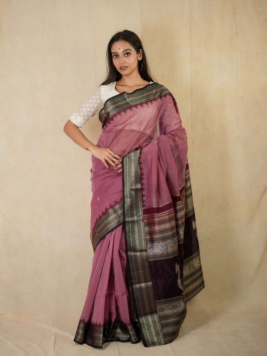 HANDWOVEN LIGHT MOUVE COLOR KANCHIPURAM COTTON SILK SAREE WITH 68 CM BLOUSE PIECE