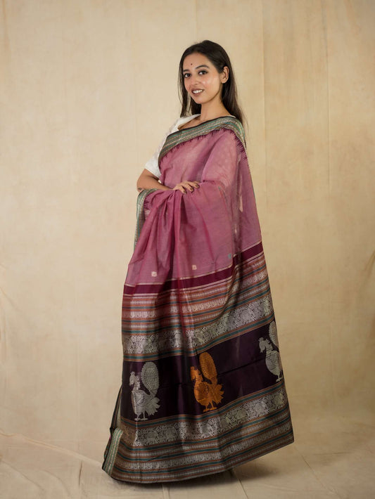 HANDWOVEN LIGHT MOUVE COLOR KANCHIPURAM COTTON SILK SAREE WITH 68 CM BLOUSE PIECE