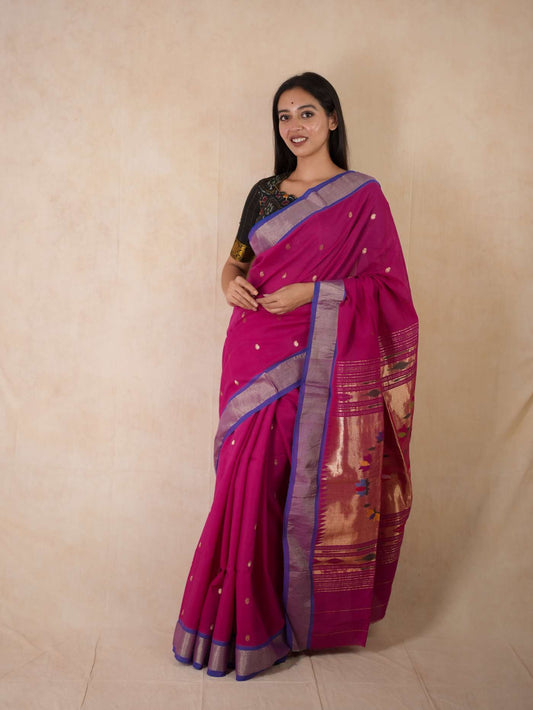 HANDWOVEN MAGENTA COLOUR PAITHANI COTTON SAREE WITH 57 CM BLOUSE PIECE