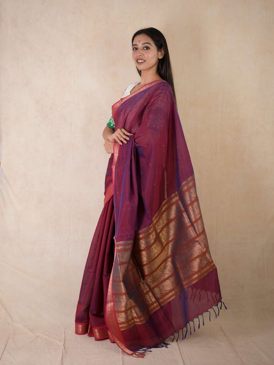 HANDWOVEN MAROON-BLUE DUAL TONE KANCHIPURAM SILK BY COTTON SAREE WITH 88 CM BLOUSE PIECE