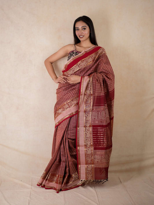 HANDWOVEN MAROON & BROWN COLOUR KANCHI COTTON SAREE WITH 92 CM BLOUSE PIECE