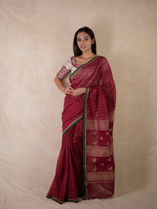 HANDWOVEN MAROON COLOUR KANCHI COTTON SAREE WITH 63 CM BLOUSE PIECE