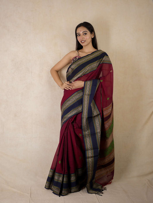 HANDWOVEN MAROON & GREEN COLOUR KANCHI COTTON SAREE WITH 90 CM BLOUSE PIECE