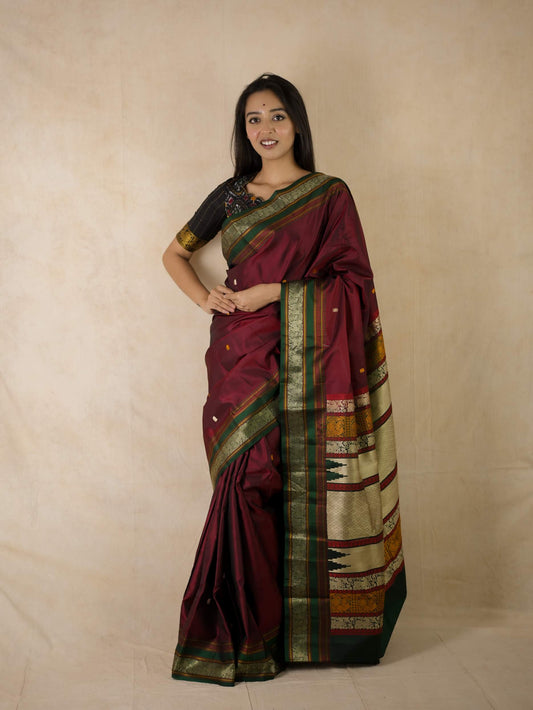 HANDWOVEN MAROON KANJEEVARAM SILK SAREE WITH 77 CM BLOUSE PIECE