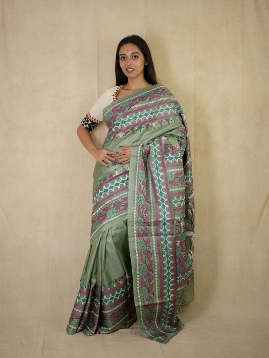 HANDWOVEN MINT GREEN COLOUR KANTHA TUSSAR SILK SAREE WITH 90 CM BLOUSE PIECE