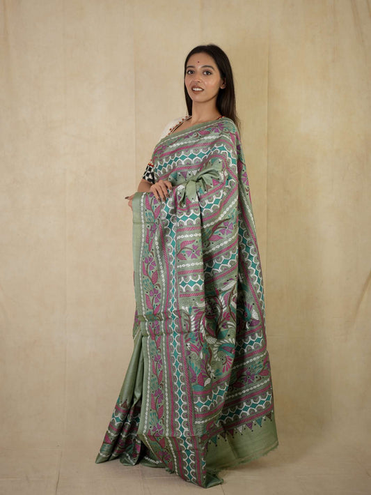 HANDWOVEN MINT GREEN COLOUR KANTHA TUSSAR SILK SAREE WITH 90 CM BLOUSE PIECE