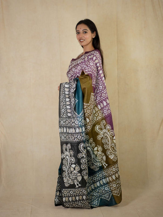 HANDWOVEN MULTI COLOUR KANTHA TUSSAR SILK SAREE WITH 96 CM BLOUSE PIECE