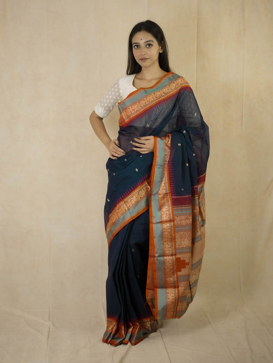 HANDWOVEN NAVY BLUE COLOR KANCHIPURAM COTTON SILK SAREE WITH 72 CM BLOUSE PIECE