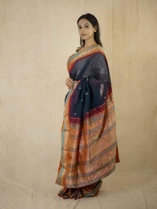 HANDWOVEN NAVY BLUE COLOR KANCHIPURAM COTTON SILK SAREE WITH 72 CM BLOUSE PIECE