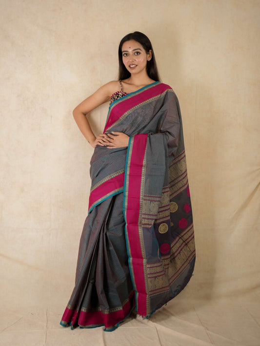 HANDWOVEN NEVY AND GREY COLOUR KANCHI COTTON SAREE WITH 79 CM BLOUSE PIECE