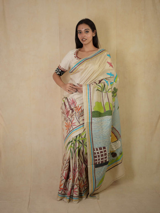 HANDWOVEN OFF-WHITE COLOUR KANTHA TUSSAR SILK SAREE WITH 90 CM BLOUSE PIECE