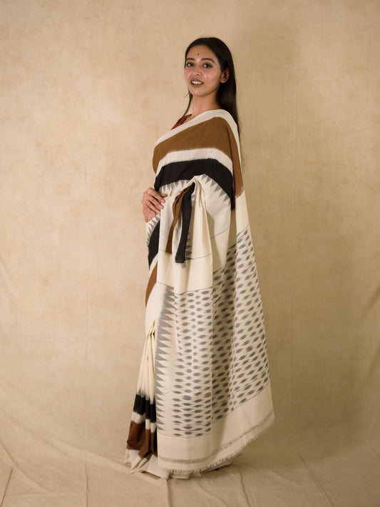 OFF-WHITE COLOUR POCHAMPALLY MERCIRISED COTTON SAREE WITH 76 CM BLOUSE PIECE