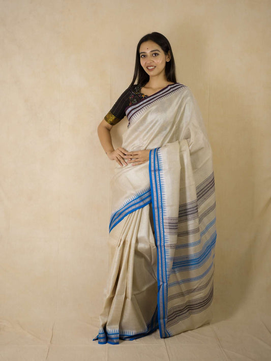 HANDWOVEN OFF-WHITE COLOUR VIDARBHA TUSSAR SILK SAREE IN 1.1 M BLOUSE PIECE