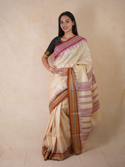 HANDWOVEN OFF-WHITE COLOUR VIDARBHA TUSSAR SILK SAREE IN 90 CM BLOUSE PIECE
