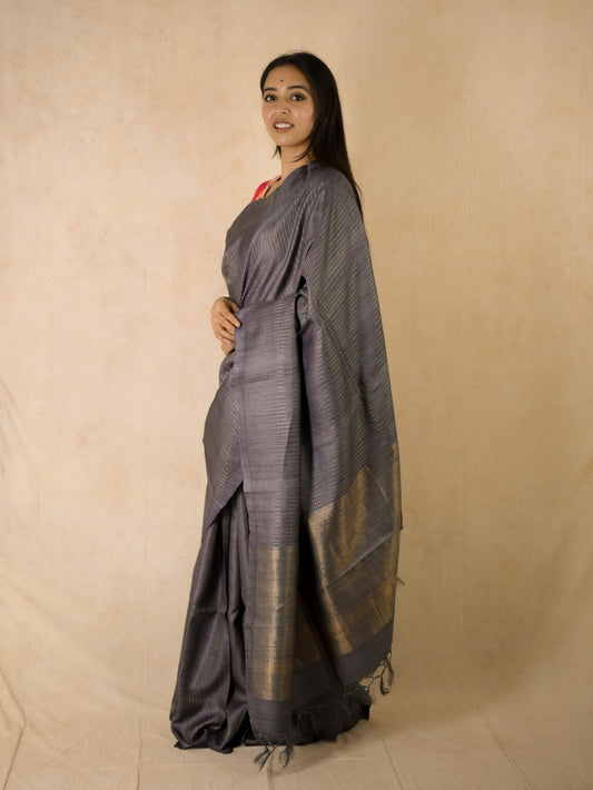 HANDWOVEN OLIVE GREY COLOUR KOSA SILK SAREE WITH 78 CM BLOUSE PIECE