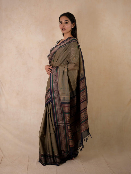 HANDWOVEN OLIVE GREY KANCHI COTTON SAREE WITH 73 CM BLOUSE PIECE