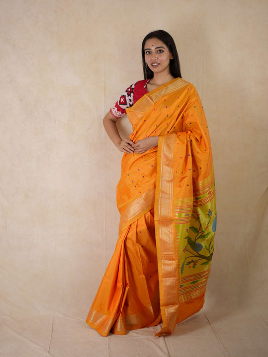 HANDWOVEN ORANGE COLOUR PAITHANI SILK SAREE WITH 90 CM BLOUSE PIECE