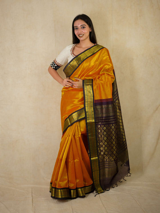 HANDWOVEN ORANGES YELLOW COLOR KANCHIPURAM SILK BY COTTON SAREE WITH 73 CM BLOUSE PIECE