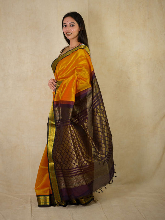 HANDWOVEN ORANGES YELLOW COLOR KANCHIPURAM SILK BY COTTON SAREE WITH 73 CM BLOUSE PIECE