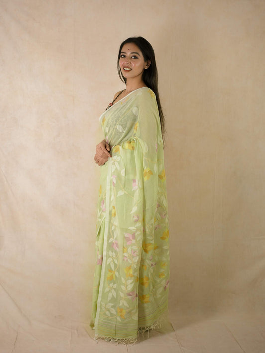 HANDWOVEN PALE GREEN COLOUR COTTON JAMDANI SAREE WITH 76 CM BLOUSE PIECE