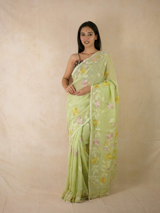 HANDWOVEN PALE GREEN COLOUR COTTON JAMDANI SAREE WITH 76 CM BLOUSE PIECE