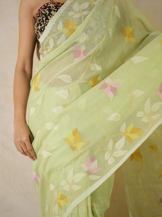HANDWOVEN PALE GREEN COLOUR COTTON JAMDANI SAREE WITH 76 CM BLOUSE PIECE