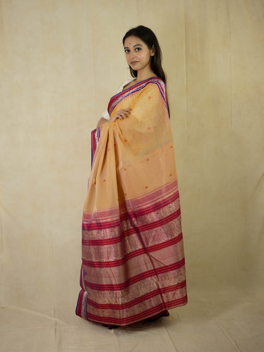 HANDWOVEN PEACH COLOR KANCHIPURAM COTTON SILK SAREE WITH 69 CM BLOUSE PIECE