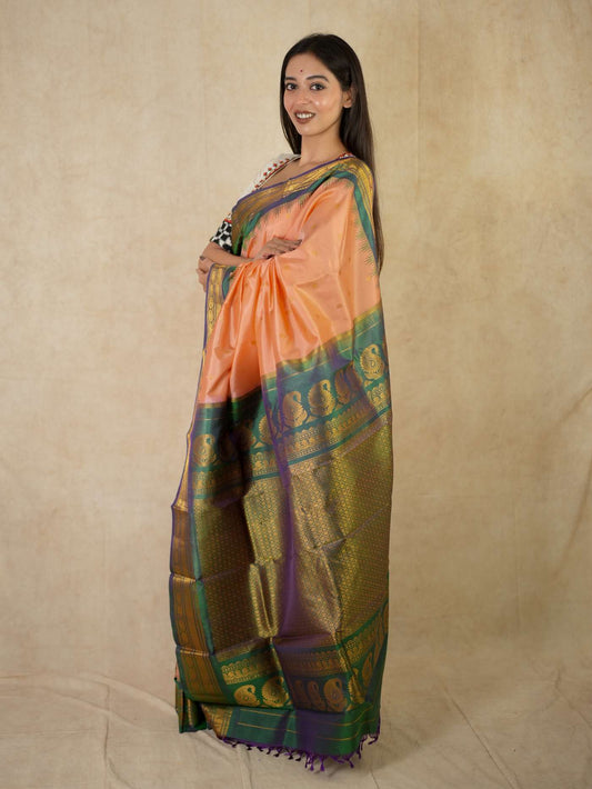 HANDWOVEN PEACHES PINK COLOUR GADWAL SILK SAREE WITH 87 CM BLOUSE PIECE