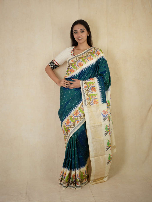 HANDWOVEN PEACOCK BLUE COLOUR POCHAMPALLY SILK SAREE WITH 82 CM BLOUSE PIECE