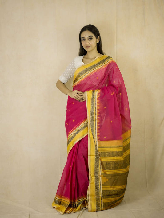 HANDWOVEN PINK COLOR KANCHIPURAM COTTON SILK SAREE WITH 69 CM BLOUSE PIECE