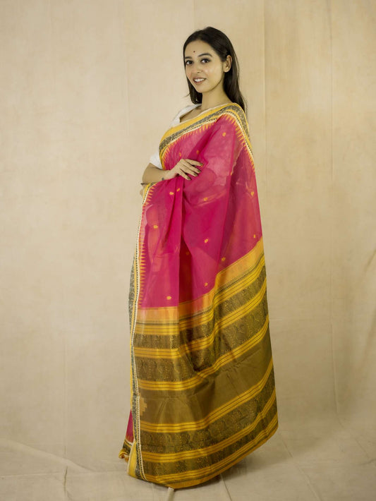 HANDWOVEN PINK COLOR KANCHIPURAM COTTON SILK SAREE WITH 69 CM BLOUSE PIECE
