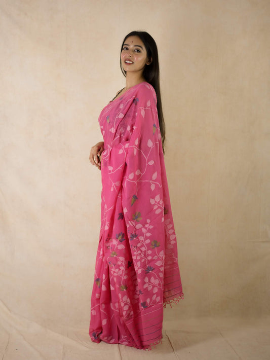 HANDWOVEN PINK COLOUR COTTON JAMDANI SAREE WITH 88 CM BLOUSE PIECE