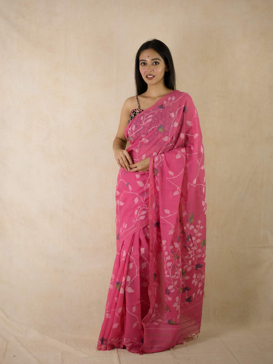 HANDWOVEN PINK COLOUR COTTON JAMDANI SAREE WITH 88 CM BLOUSE PIECE