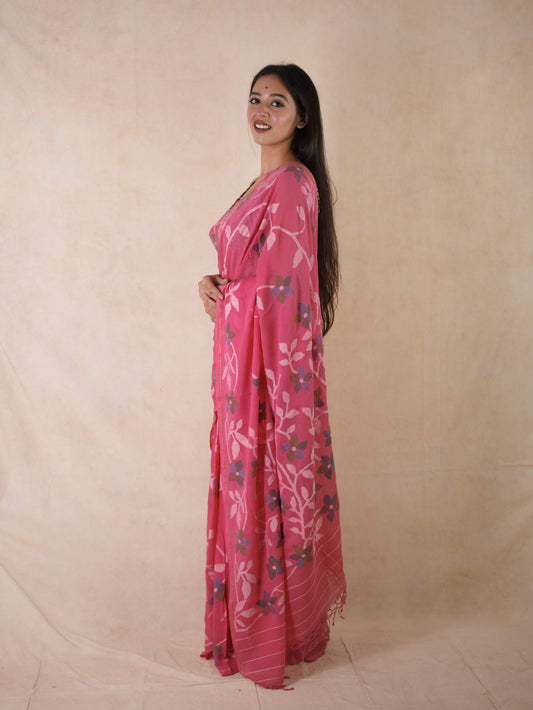 HANDWOVEN PINK COLOUR COTTON JAMDANI SAREE WITH 93 CM BLOUSE PIECE