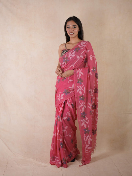 HANDWOVEN PINK COLOUR COTTON JAMDANI SAREE WITH 93 CM BLOUSE PIECE