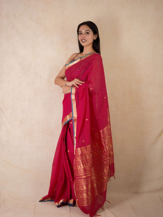 HANDWOVEN PINK COLOUR KANCHI COTTON SAREE WITH 76 CM BLOUSE PIECE