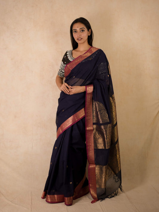 HANDWOVEN PRUSSIAN BLUE KANCHI COTTON SAREE WITH 85CM BLOUSE PIECE